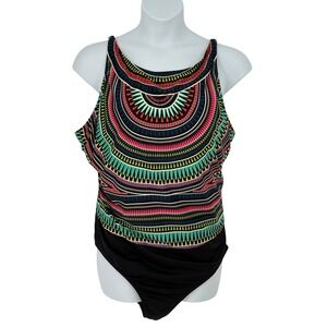Cleanwater One Piece Swimsuit Multi Color‎ Tribal Blouson High Neck 24W